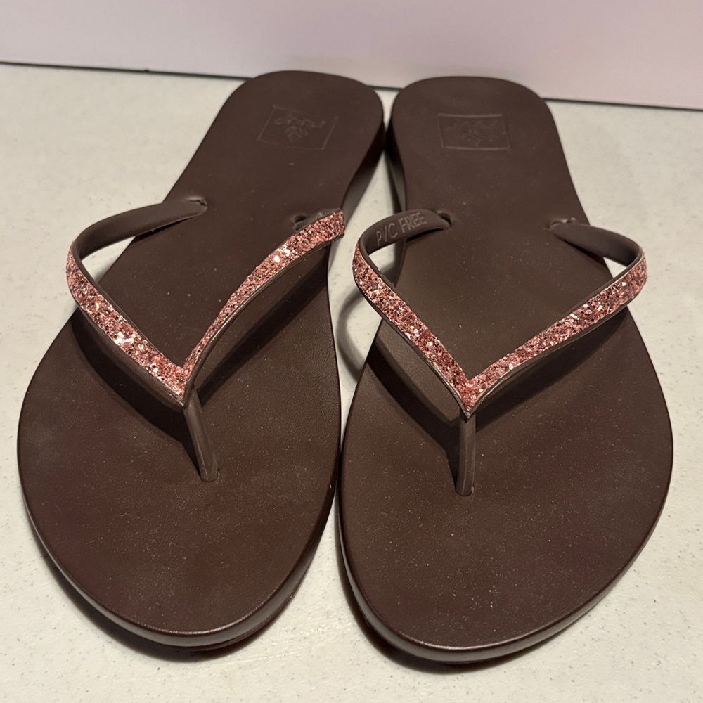 Large(8-9) Reef Brown Flip Flops with Pink Glitter Straps
